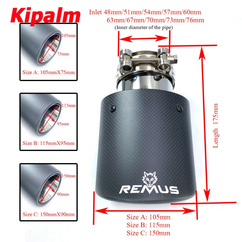 Car Universal Oval Curly Edge Remus Exhaust Tip Matter Carbon Fiber Exhaust Muffler Tail Pipe Ends for AUDI BMW BENZ VW