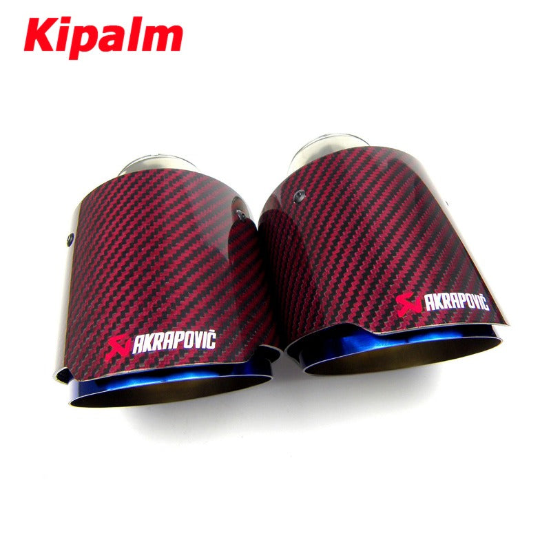 Universal Akrapovic Carbon Fiber Car Exhaust Pipe Muffler Tip Glossy Red Twill Carbon Fiber Cover + Burnt Blue Stainless Steel