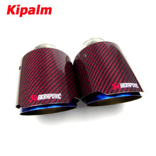 Load image into Gallery viewer, Universal Akrapovic Carbon Fiber Car Exhaust Pipe Muffler Tip Glossy Red Twill Carbon Fiber Cover + Burnt Blue Stainless Steel