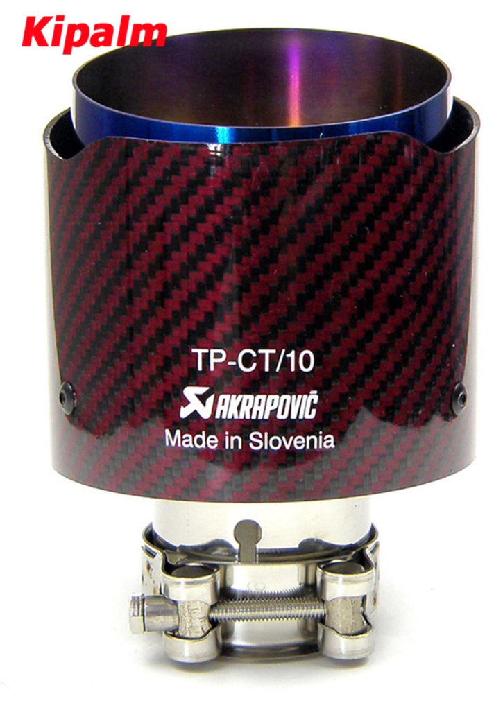 Universal Akrapovic Carbon Fiber Car Exhaust Pipe Muffler Tip Glossy Red Twill Carbon Fiber Cover + Burnt Blue Stainless Steel