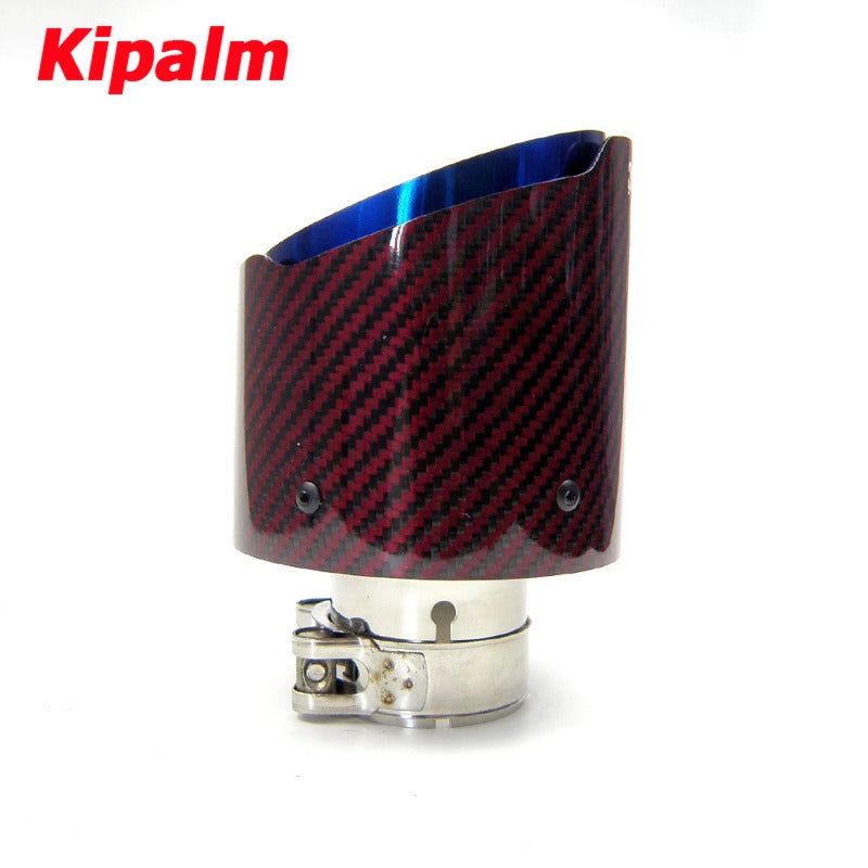 Universal Akrapovic Carbon Fiber Car Exhaust Pipe Muffler Tip Glossy Red Twill Carbon Fiber Cover + Burnt Blue Stainless Steel
