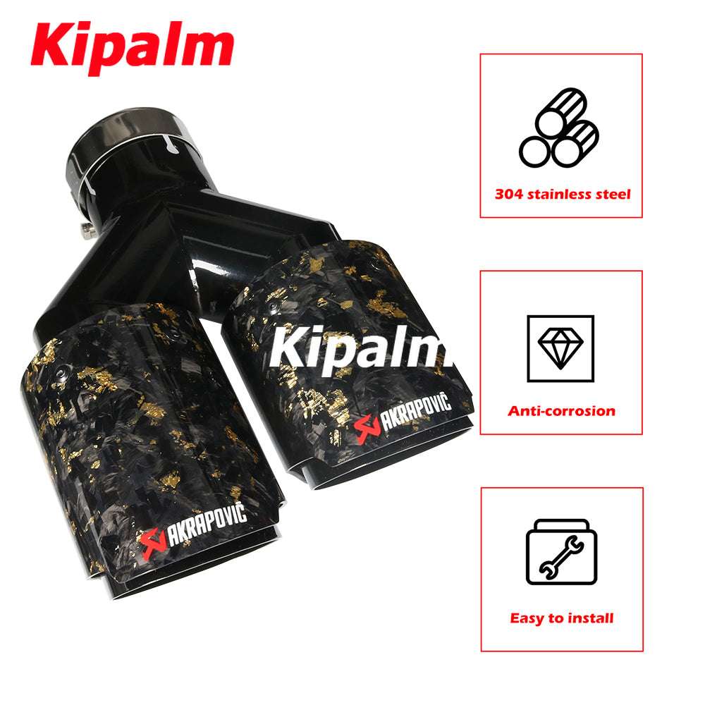 1Pair Carbon Fiber Dual Y Shape Gold Foil Golden Forged Exhaust Tip Akrapovic Muffler Pipe 304 Stainless Steel Tailtips