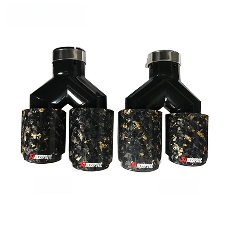 1Pair Carbon Fiber Dual Y Shape Gold Foil Golden Forged Exhaust Tip Akrapovic Muffler Pipe 304 Stainless Steel Tailtips