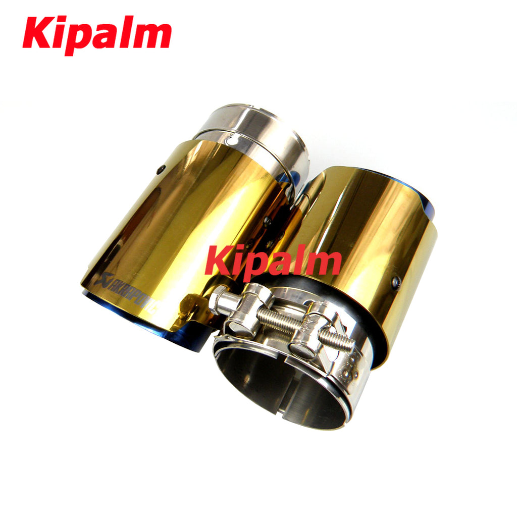 1pc Universal Gold Stainless Steel Exhaust Tip with Burnt Blue Inner Color End Pipe with Akrapovic Logo