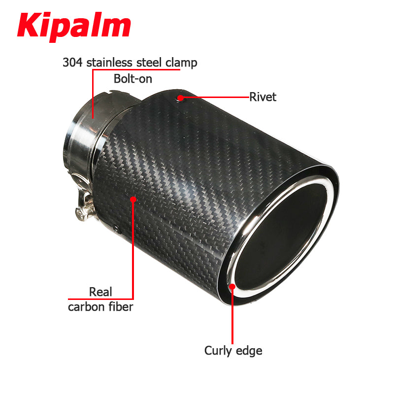 1PC Universal Exhaust Muffler Twill Carbon Fiber +Rolled Edge Chrome Stainless Steel Metal for BMW Toyota Honda VW Tips