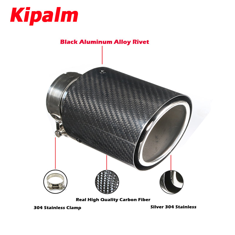 1PC Universal Exhaust Muffler Twill Carbon Fiber +Rolled Edge Chrome Stainless Steel Metal for BMW Toyota Honda VW Tips