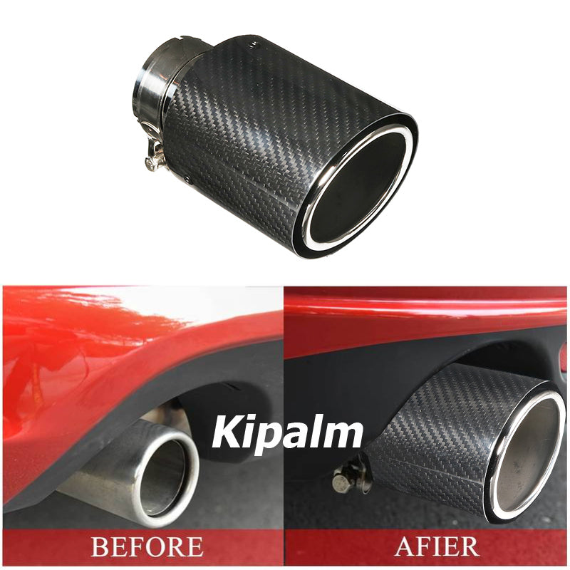 1PC Universal Exhaust Muffler Twill Carbon Fiber +Rolled Edge Chrome Stainless Steel Metal for BMW Toyota Honda VW Tips