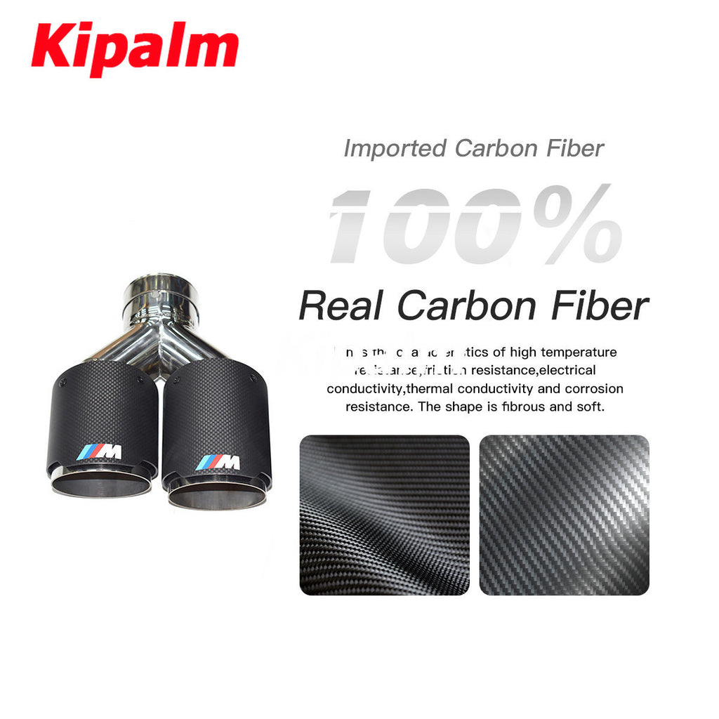 1PC Dual Real Carbon Fiber Exhaust Tips 304 Stainless Steel Muffler Pipe with M Logo Tiguan R BMW Audi