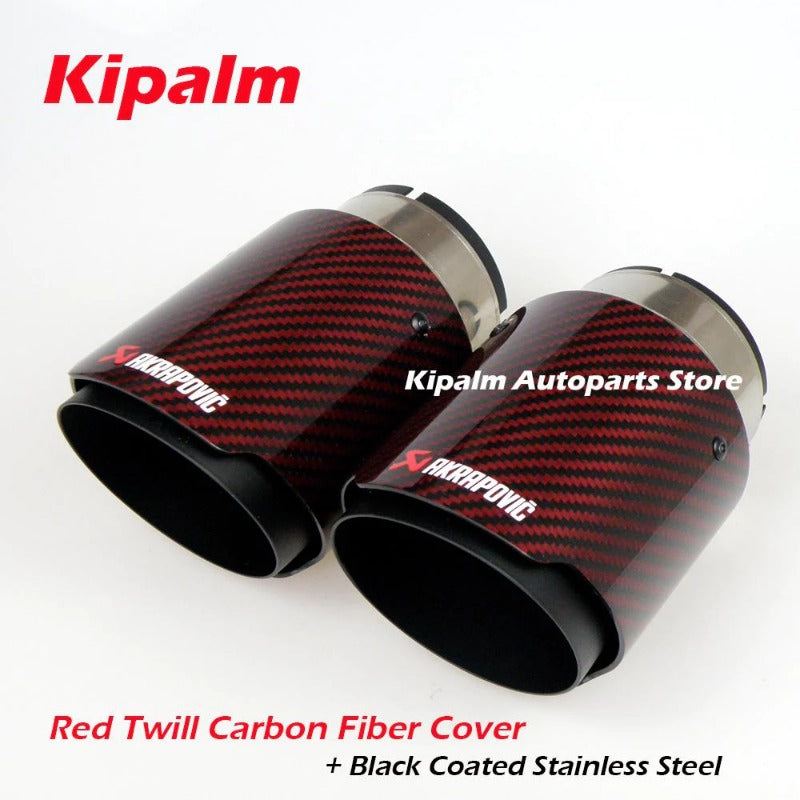 Universal Red Twill Carbon Fiber Akrapovic Car Exhaust Pipe Muffler Tip Black Coated Stainless Steel