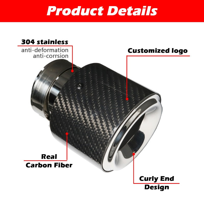 Universal 145mm Glossy Black Carbon Fiber Car Exhaust Pipe Welding Edge Chrome Stainless Steel Muffler Tip