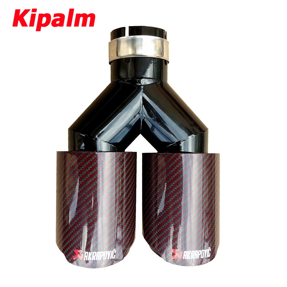 Dual Red Twill Carbon Fiber Akrapovic Universal Auto  Exhaust Tip  Black Stainless Steel Double End Pipe For Car Accessories