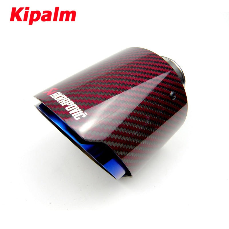 Universal Akrapovic Carbon Fiber Car Exhaust Pipe Muffler Tip Glossy Red Twill Carbon Fiber Cover + Burnt Blue Stainless Steel