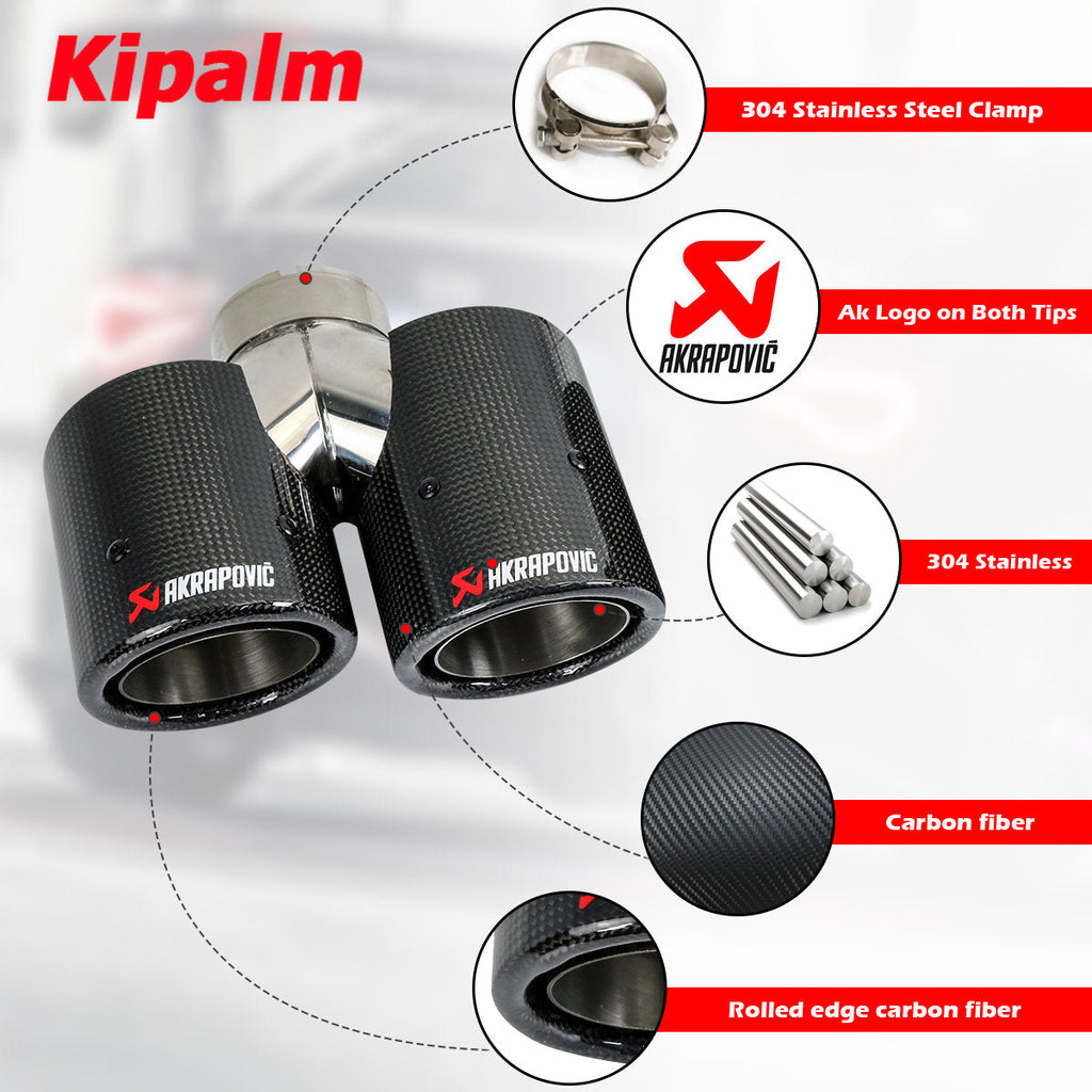 1PC3.5 inch Universal Curly Edge Dual Outlet Carbon Fiber Exhaust Pipe Akrapovic Tip for BMW AUDI GOLF MAZDA