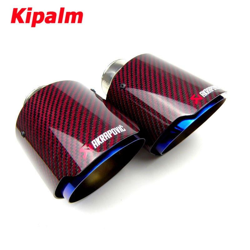 Universal Akrapovic Carbon Fiber Car Exhaust Pipe Muffler Tip Glossy Red Twill Carbon Fiber Cover + Burnt Blue Stainless Steel