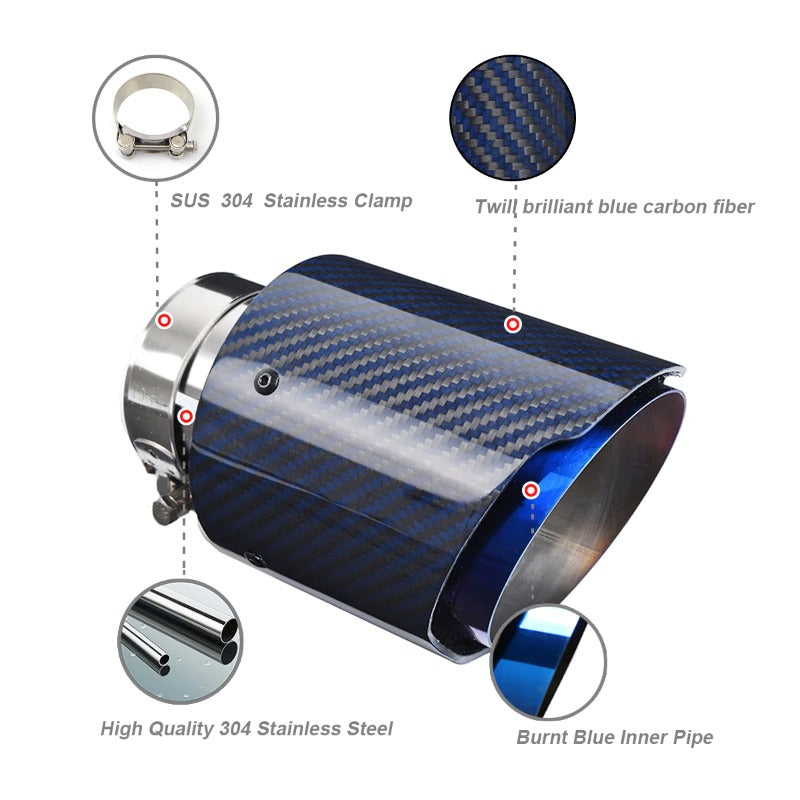 Unique Blue Carbon Fibre Car Exhaust Pipe Muffler Tip Glossy Twill Carbon Fiber Blue Coated T304 Stainless Steel Tips