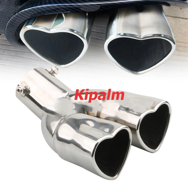1PC Universal Dual Exhaust Pipe Muffler Bolt-On Heart Shape Straight Edge Stainless Steel Outlet Nozzle