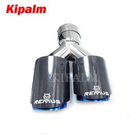 1 Pair Car Universal Dual Pipes Straight Cut Remus Sport Glossy Carbon Fiber Exhaust Muffler Tips Burnt Blue Inner Pipe for BMW