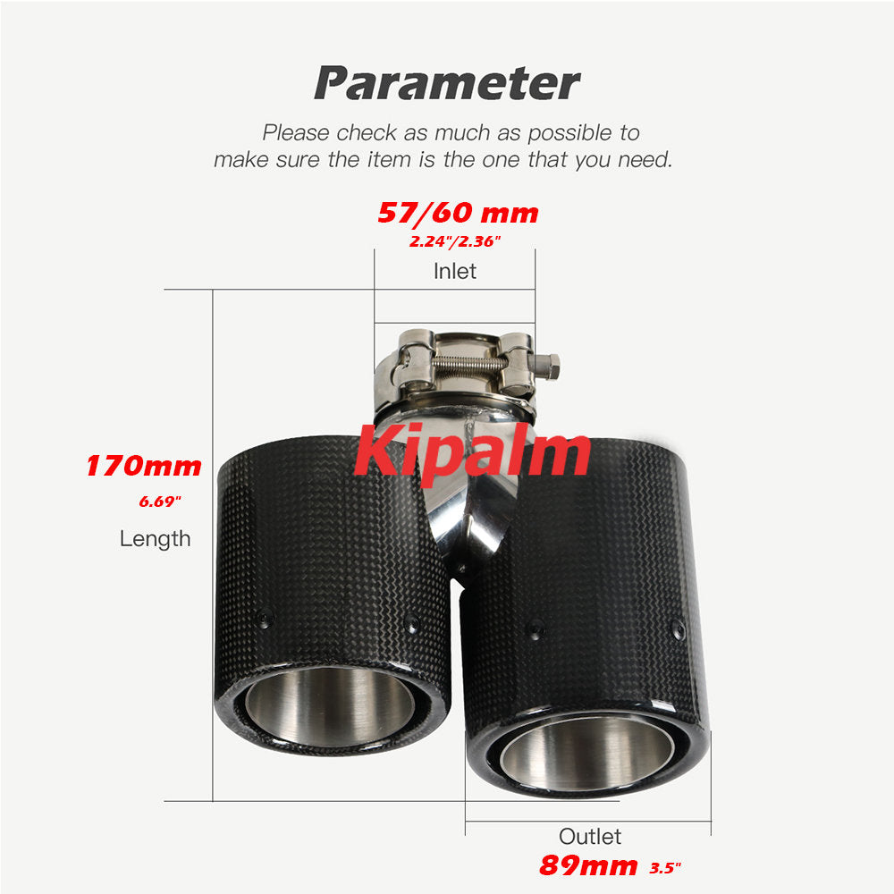 1PC3.5 inch Universal Curly Edge Dual Outlet Carbon Fiber Exhaust Pipe Akrapovic Tip for BMW AUDI GOLF MAZDA