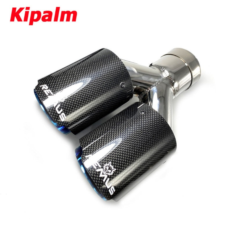 Dual Pipes Equal Length Remus Sport Glossy Carbon Fiber Exhaust Muffler Tips Glossy Blue Inner Pipe for BMW AUDI