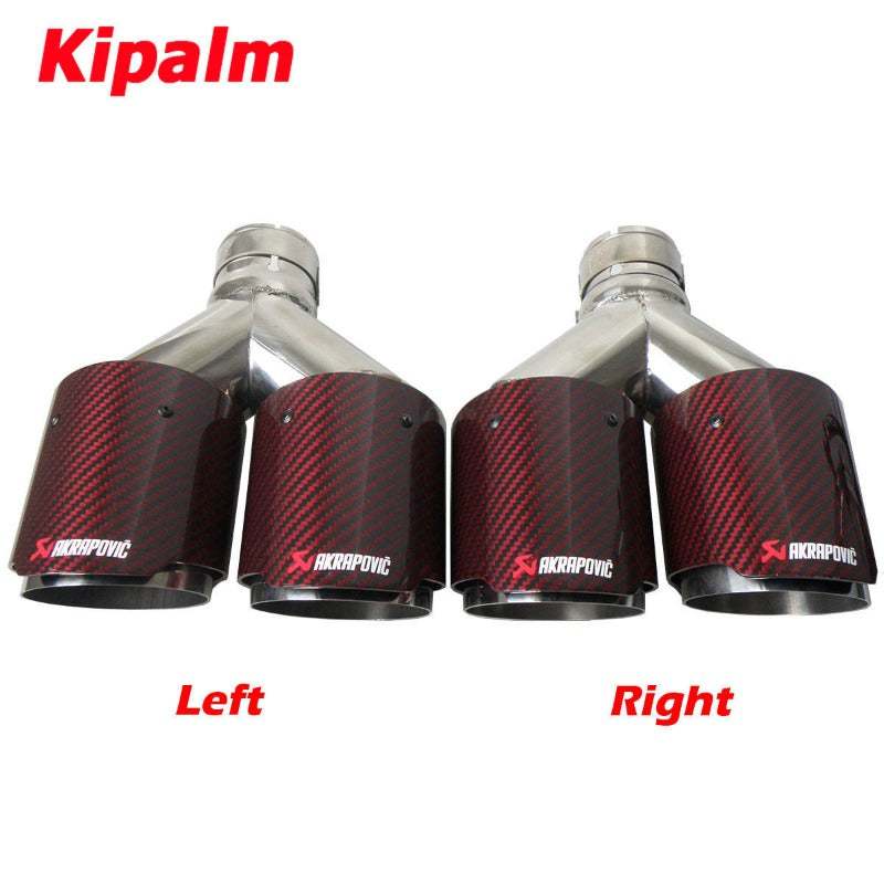 Dual Pipe Red Carbon Fiber Stainless Steel Universal Auto Akrapovic Exhaust Tip Double End Pipe for BMW BENZ VW  Outlet 89mm