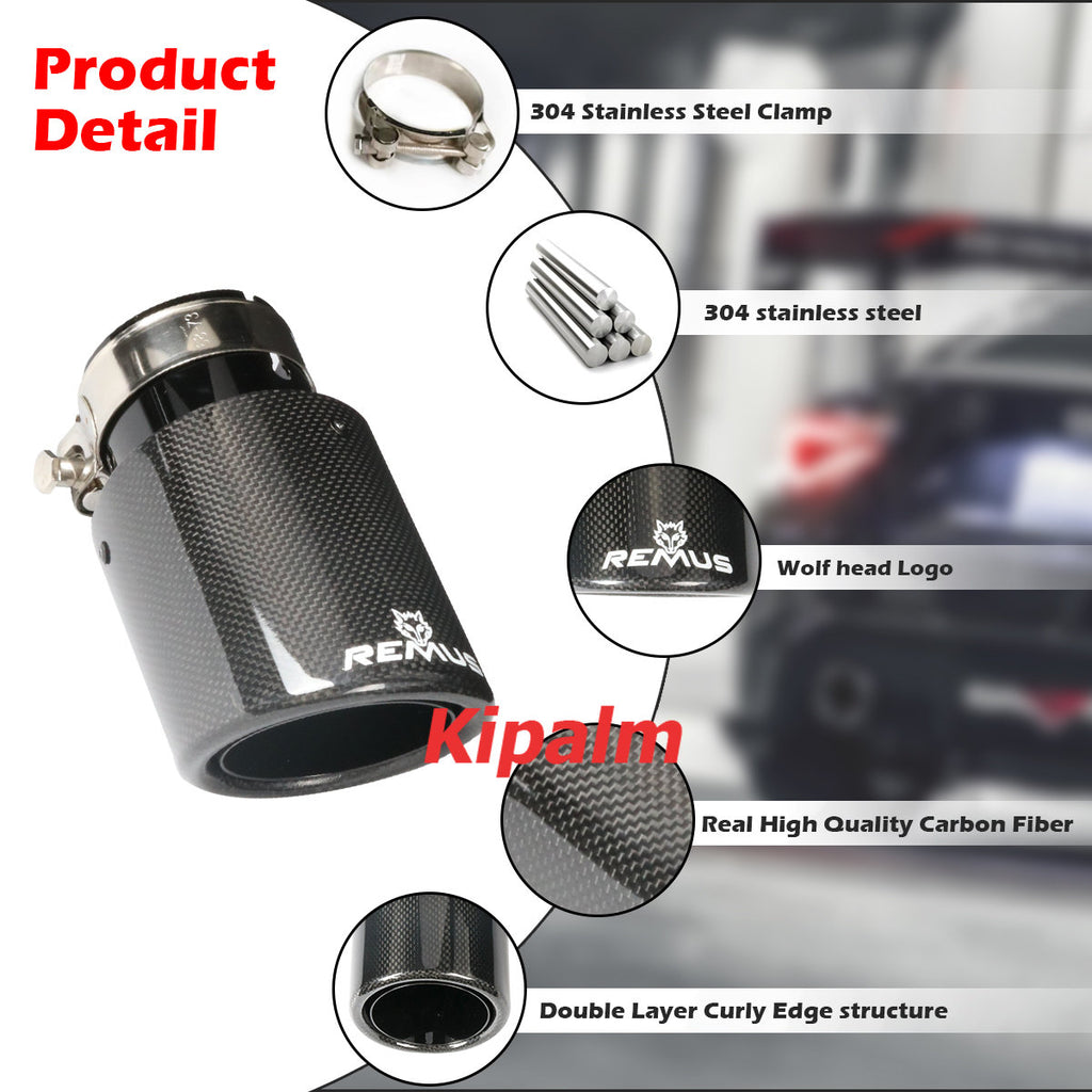 Curly Edge Carbon Fiber Exhaust Tips 304 Stainless Steel Remus Logo Muffler End Tailpipe for Benz AUDI HYUNDAI