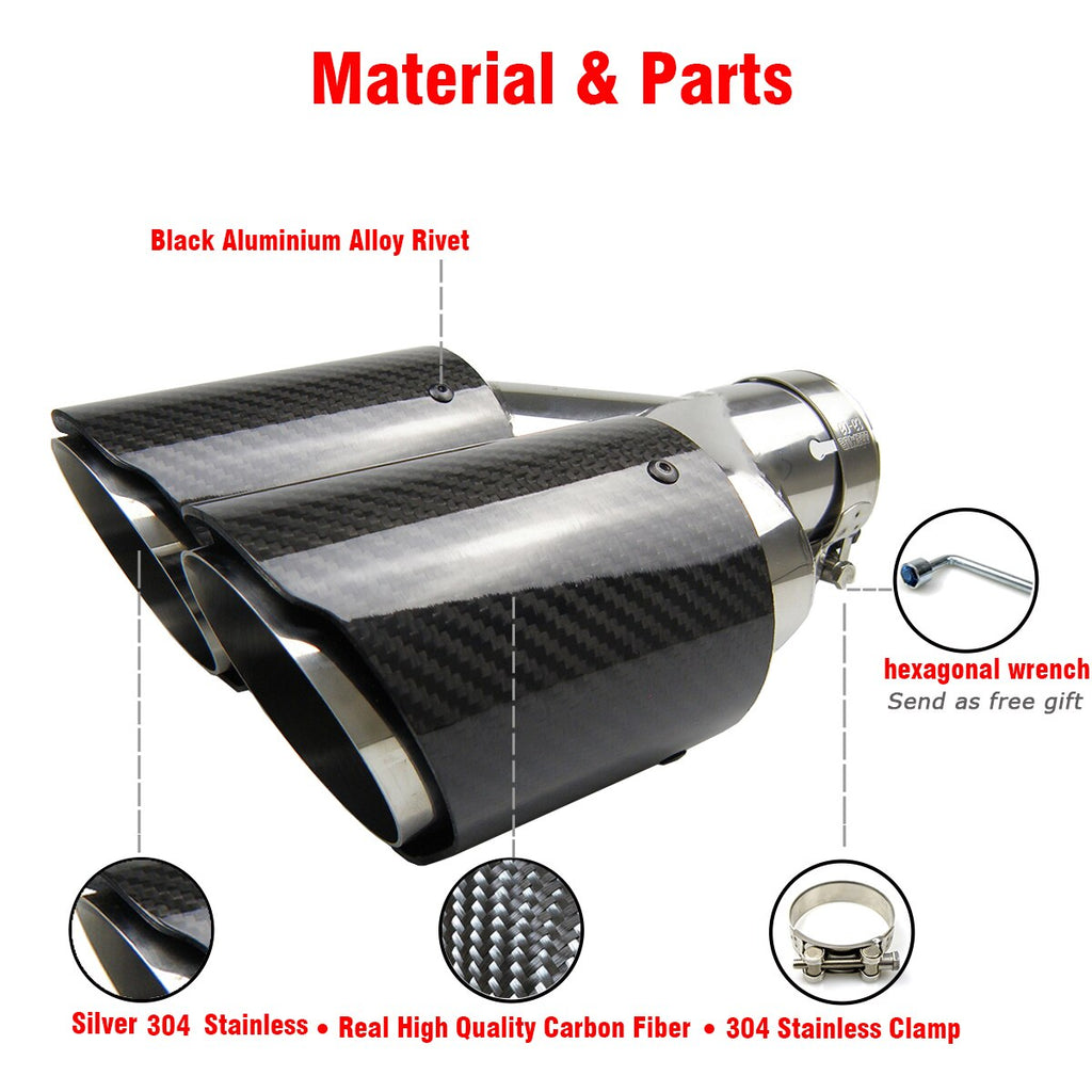 Dual Carbon Fiber 304 Stainless Steel Universal Auto Exhaust Tip Muffler Double End Pipe for BMW BENZ VW Golf TOYOTA