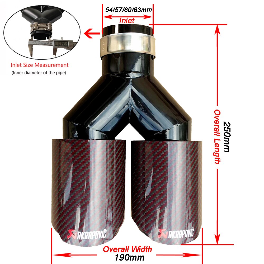 Dual Red Twill Carbon Fiber Akrapovic Universal Auto  Exhaust Tip  Black Stainless Steel Double End Pipe For Car Accessories