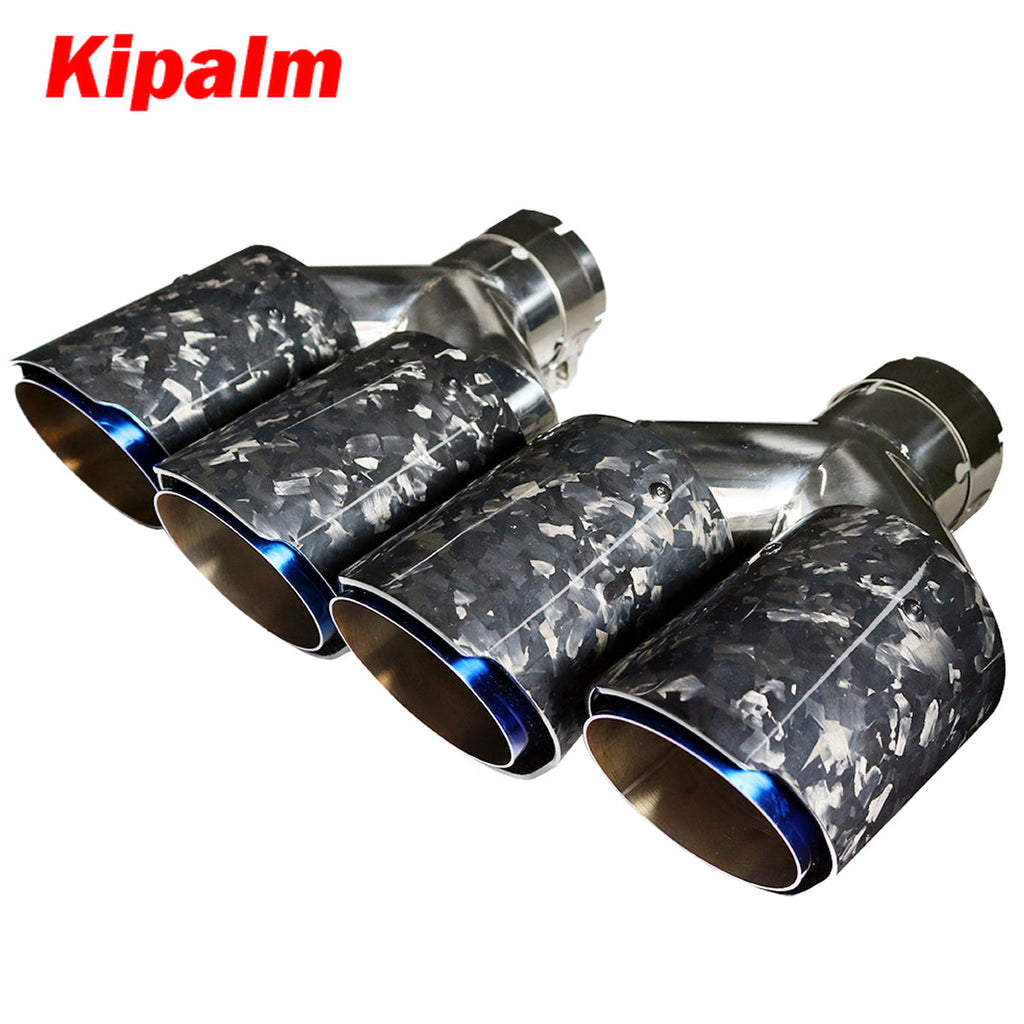 1 Pair Dual Pipe Y Style Forged Carbon Fiber + Burnt Blue Stainless Steel Exhaust Muffler Tips End Pipe for BMW BENZ VW