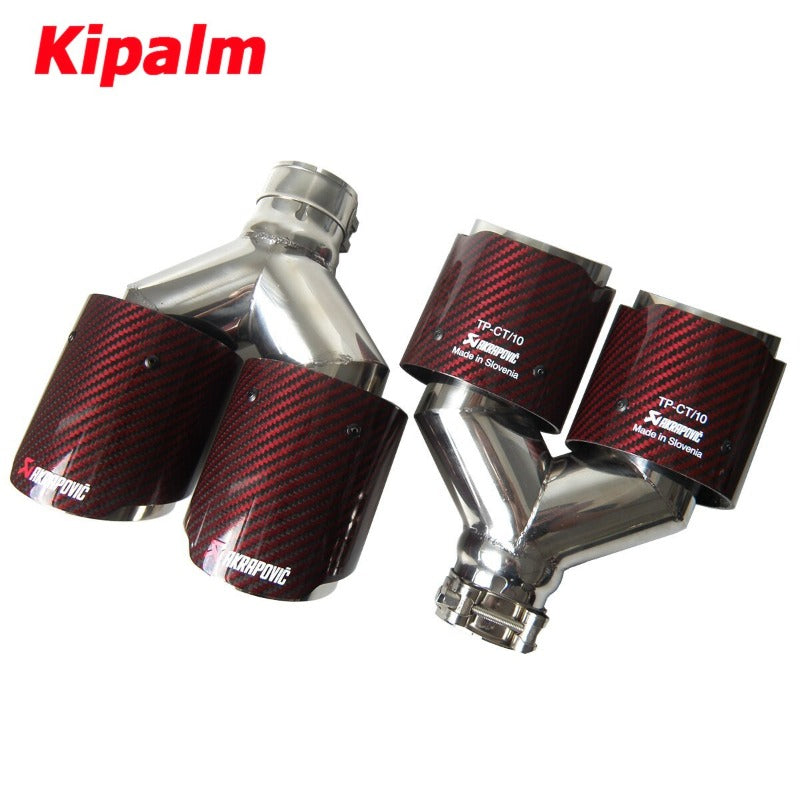 Dual Pipe Red Carbon Fiber Stainless Steel Universal Auto Akrapovic Exhaust Tip Double End Pipe for BMW BENZ VW  Outlet 89mm