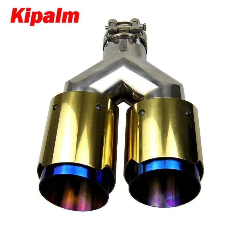 2PCS Gold Akrapovic Dual End Pipe Blue Stainless Steel Exhaust Tip Double End Pipe for BMW BENZ VW Golf TOYOTA