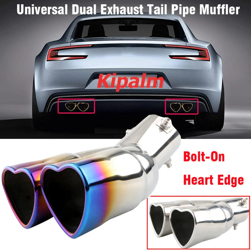 1PC Universal Dual Exhaust Pipe Muffler Bolt-On Heart Shape Straight Edge Stainless Steel Outlet Nozzle