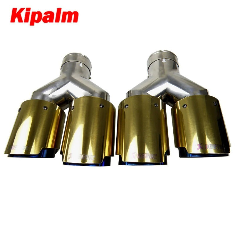 2PCS Gold Akrapovic Dual End Pipe Blue Stainless Steel Exhaust Tip Double End Pipe for BMW BENZ VW Golf TOYOTA