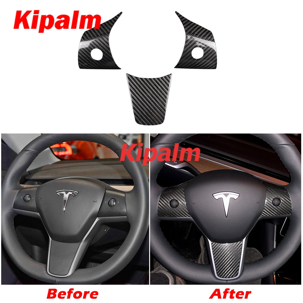 Real Carbon Fiber Steering Wheel Trim Sticker Cover for Tesla Model 3 Interior Modification 2017-2021