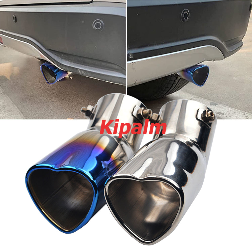 Universal Adjustable 2.5" Burnt Blue Stainless Steel Single Exhaust Tips Silver Muffler Tail with Heart Shape Style