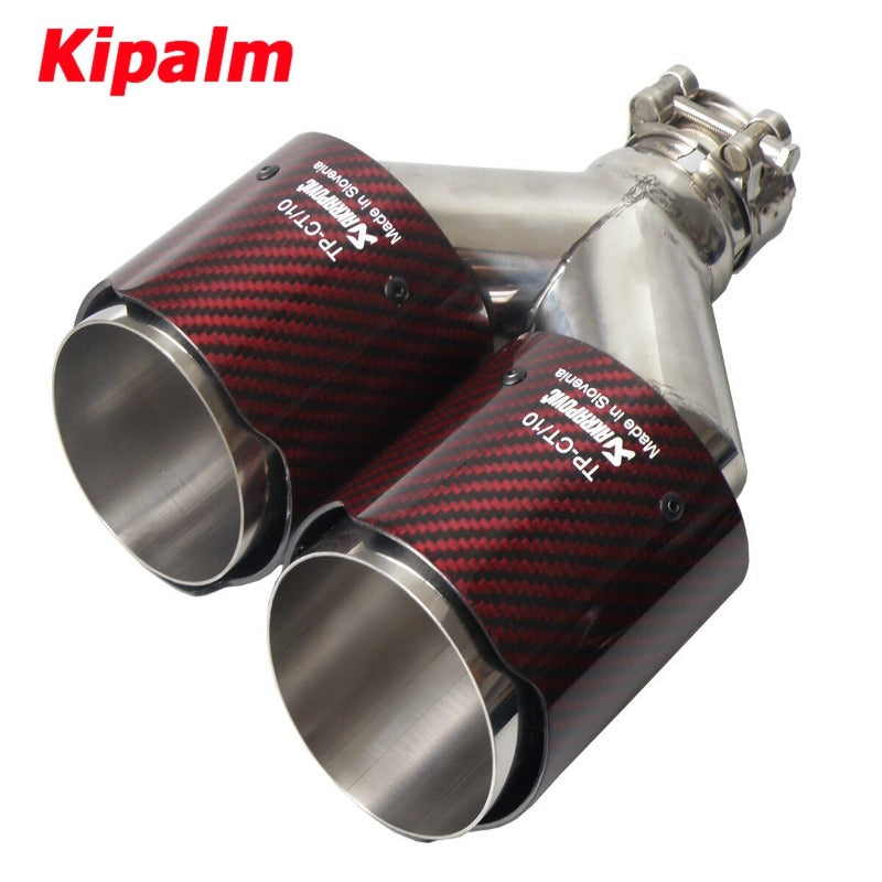 Dual Pipe Red Carbon Fiber Stainless Steel Universal Auto Akrapovic Exhaust Tip Double End Pipe for BMW BENZ VW  Outlet 89mm