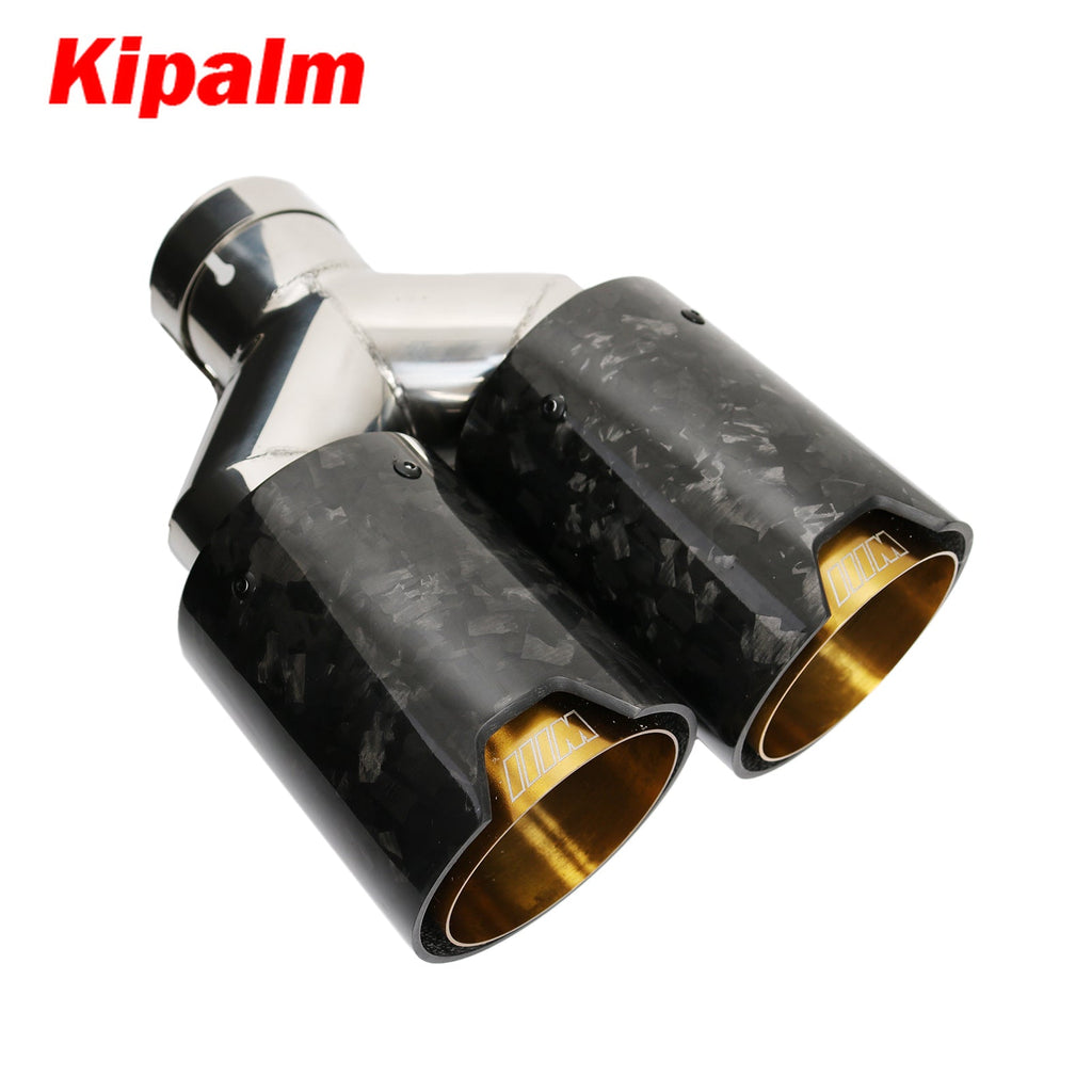 1 pcs Twin-tips Y Style Forged Carbon Fiber + Gloden Plated Stainless Steel Exhaust Muffler Tips Double End Pipe for BMW BENZ VW