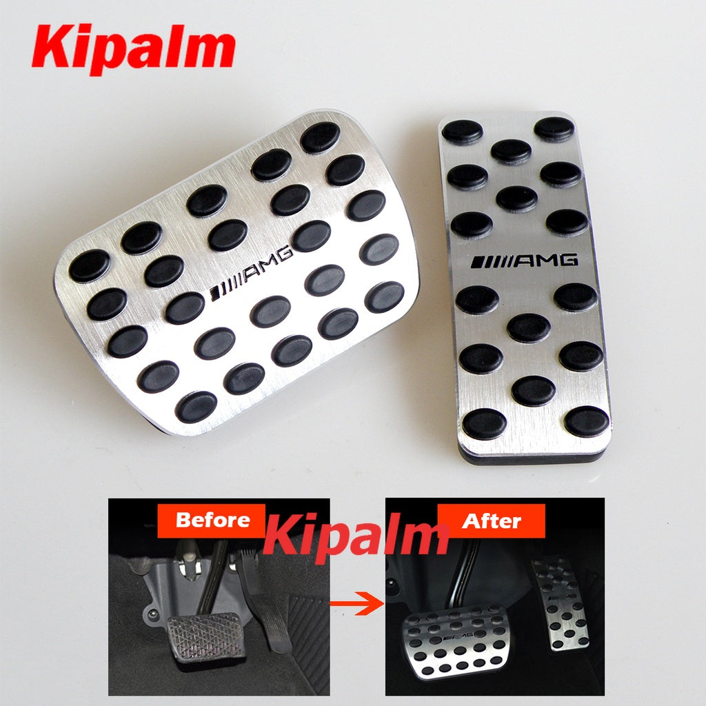 No Drill Gas Accelerator Brake Pedal Plate Pad for Mercedes Benz A B R ML GL GLS GLE GLA CLASS Aluminum Alloy Gas Brake Pedal LHD AT AMG LOGO