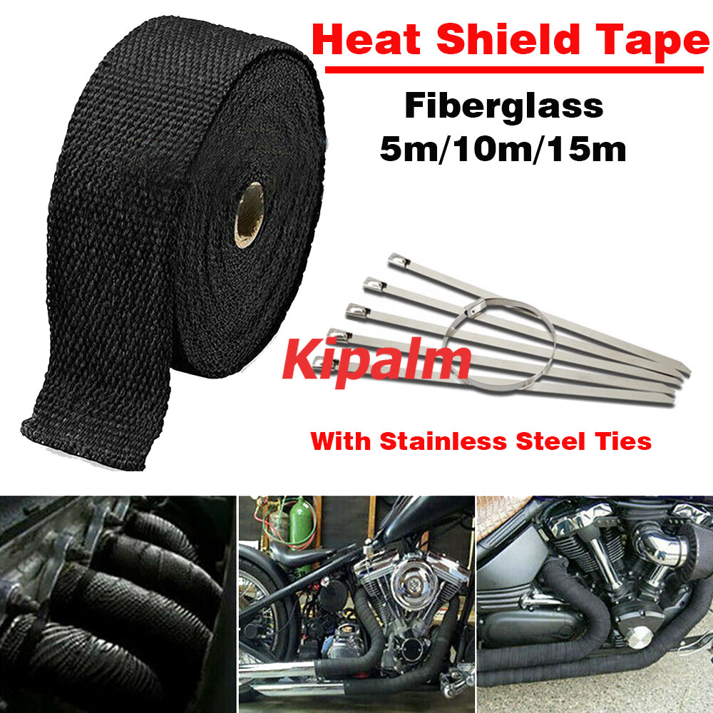 5M 10M 15M Motorcycle Exhaust Heat Wrap Roll with Stainless Ties Fiberglass Heat Shield Tape