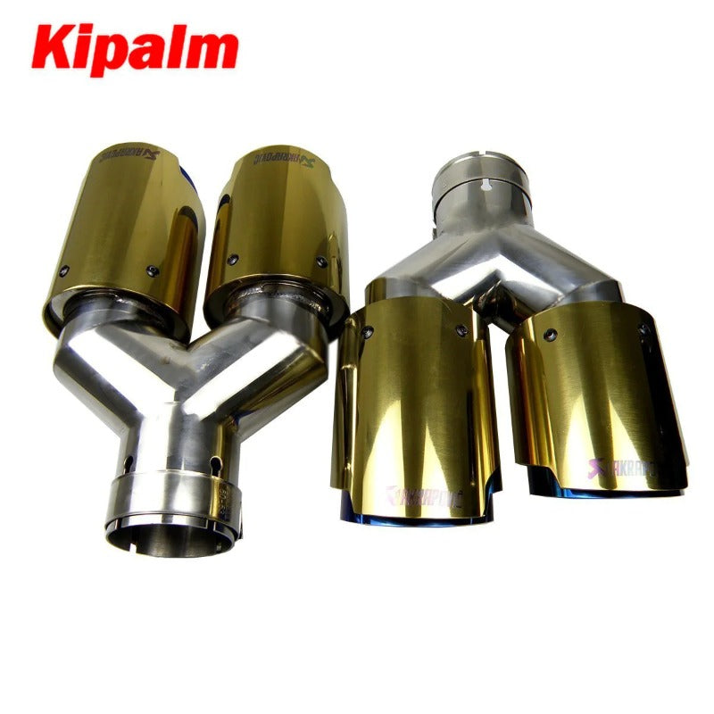 2PCS Gold Akrapovic Dual End Pipe Blue Stainless Steel Exhaust Tip Double End Pipe for BMW BENZ VW Golf TOYOTA