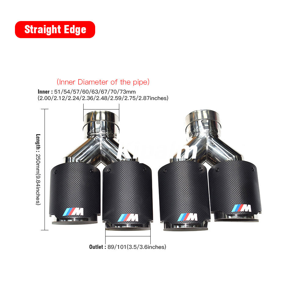 1PC Dual Outlet Real Carbon Fiber Exhaust Tips Silver 304 Stainless Steel Muffler Pipe with M Logo