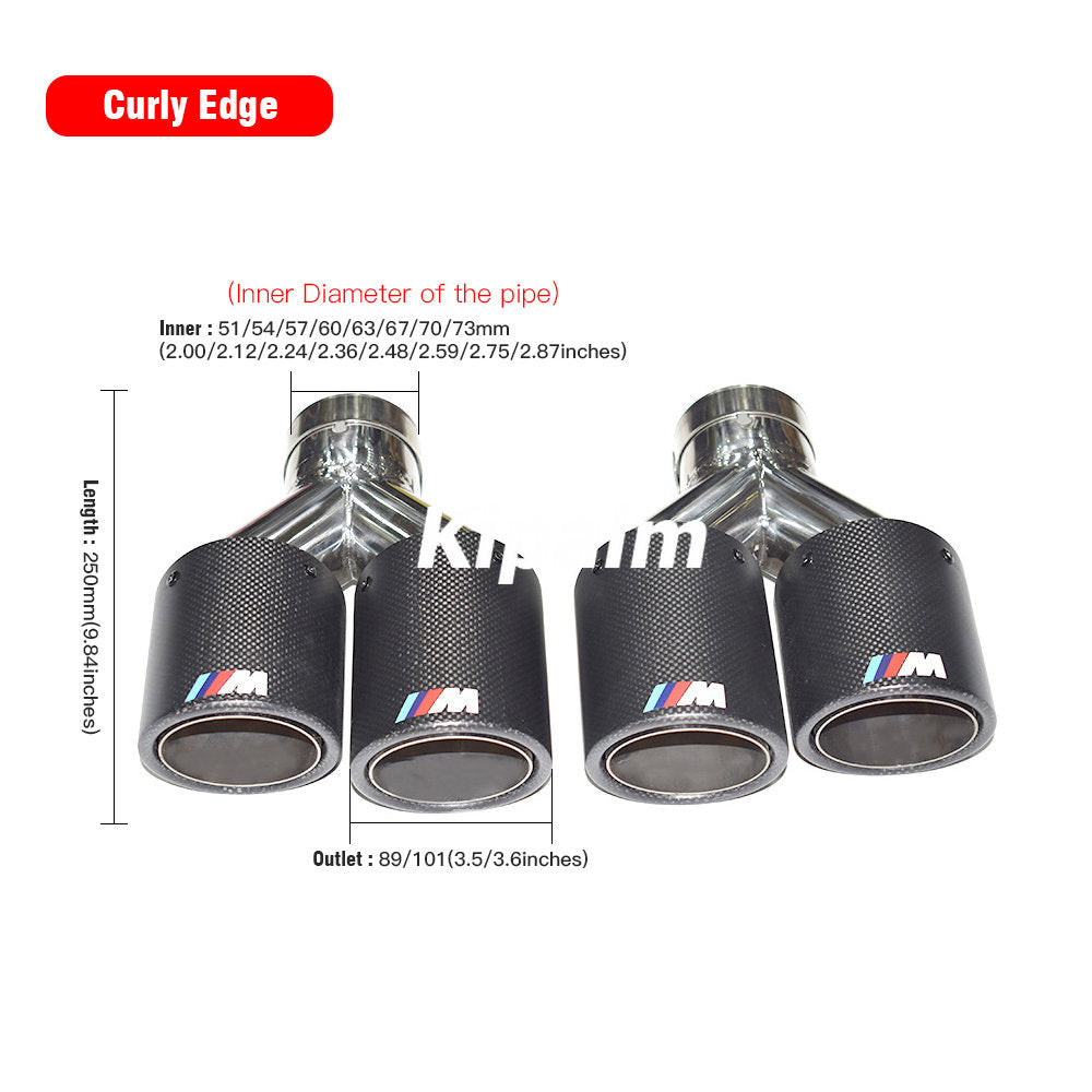 1PC Dual Outlet Real Carbon Fiber Exhaust Tips Silver 304 Stainless Steel Muffler Pipe with M Logo